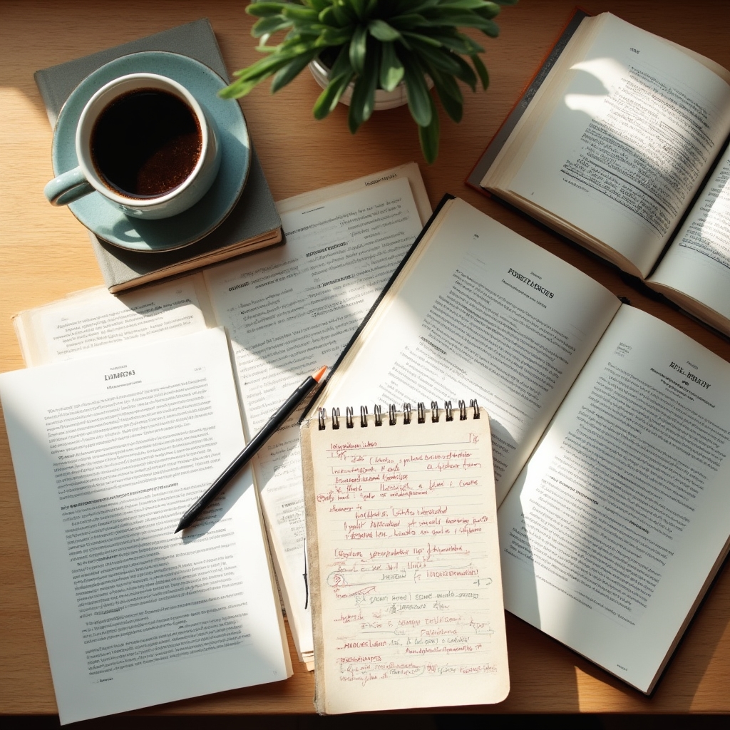 Academic desk with open behavioural economics textbooks, research papers, and notes on spending psychology