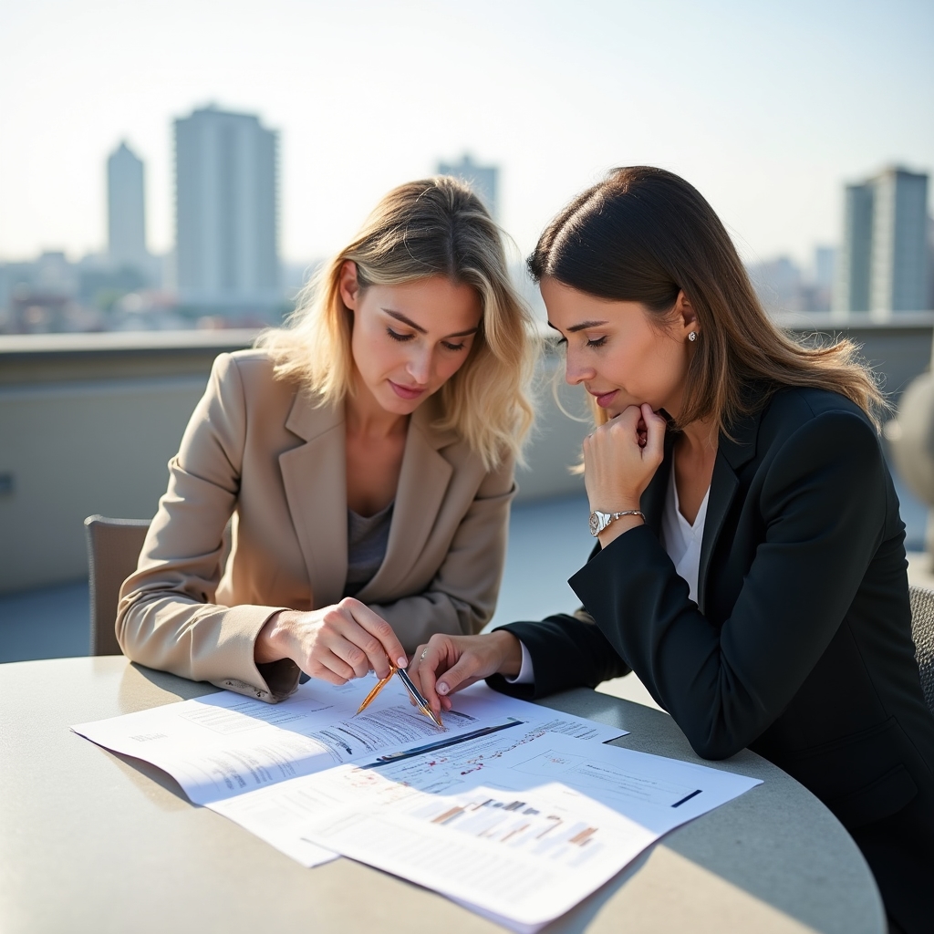 Two women in their thirties reviewing business plans on a rooftop terrace in Bucharest, smart casual clothing, collaborative atmosphere, natural daylight