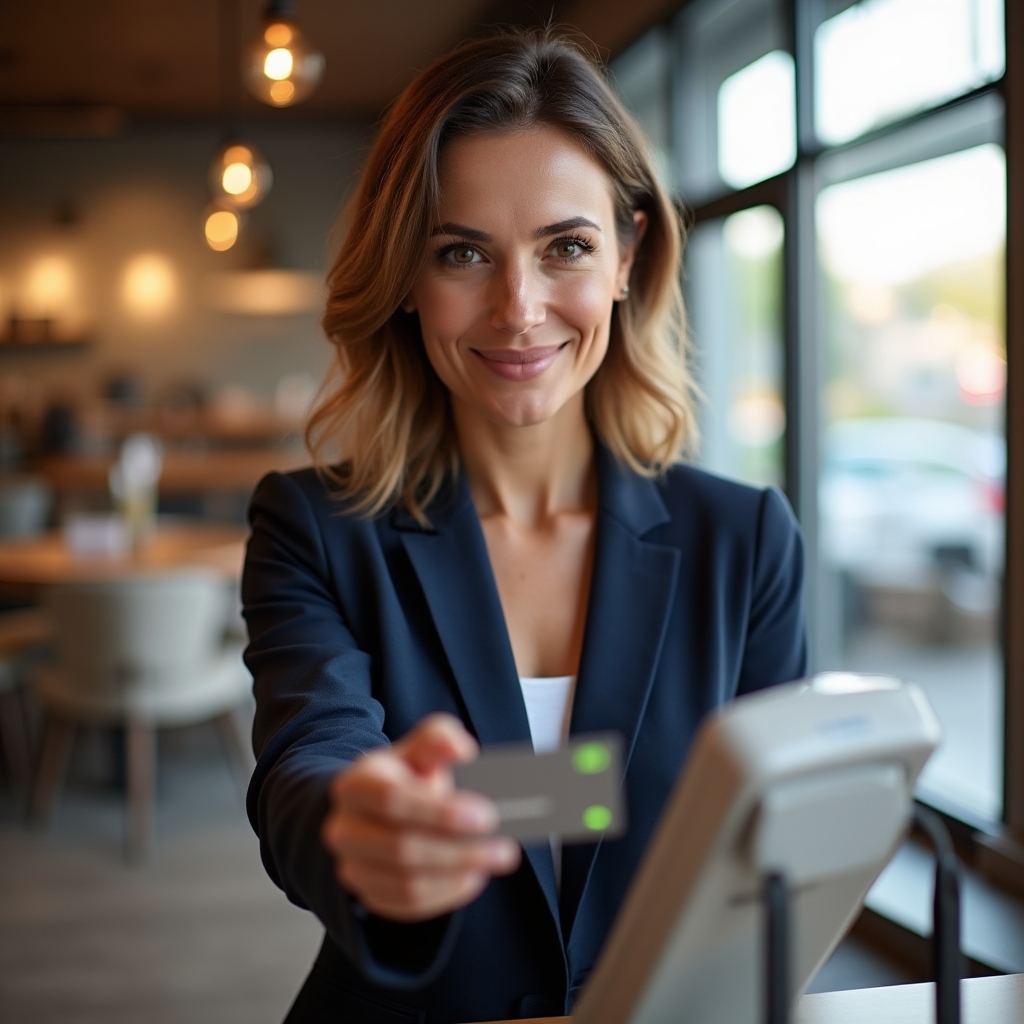 Person tapping contactless card at payment terminal in Romanian cafe, abstract motion blur suggesting effortless transaction