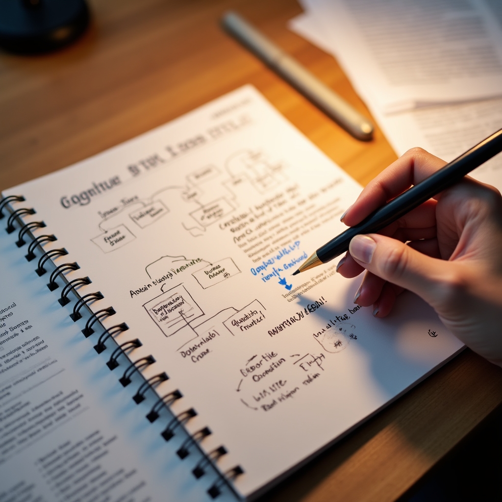 Researcher's notebook with handwritten decision tree diagrams and behavioural economics annotations, warm desk light