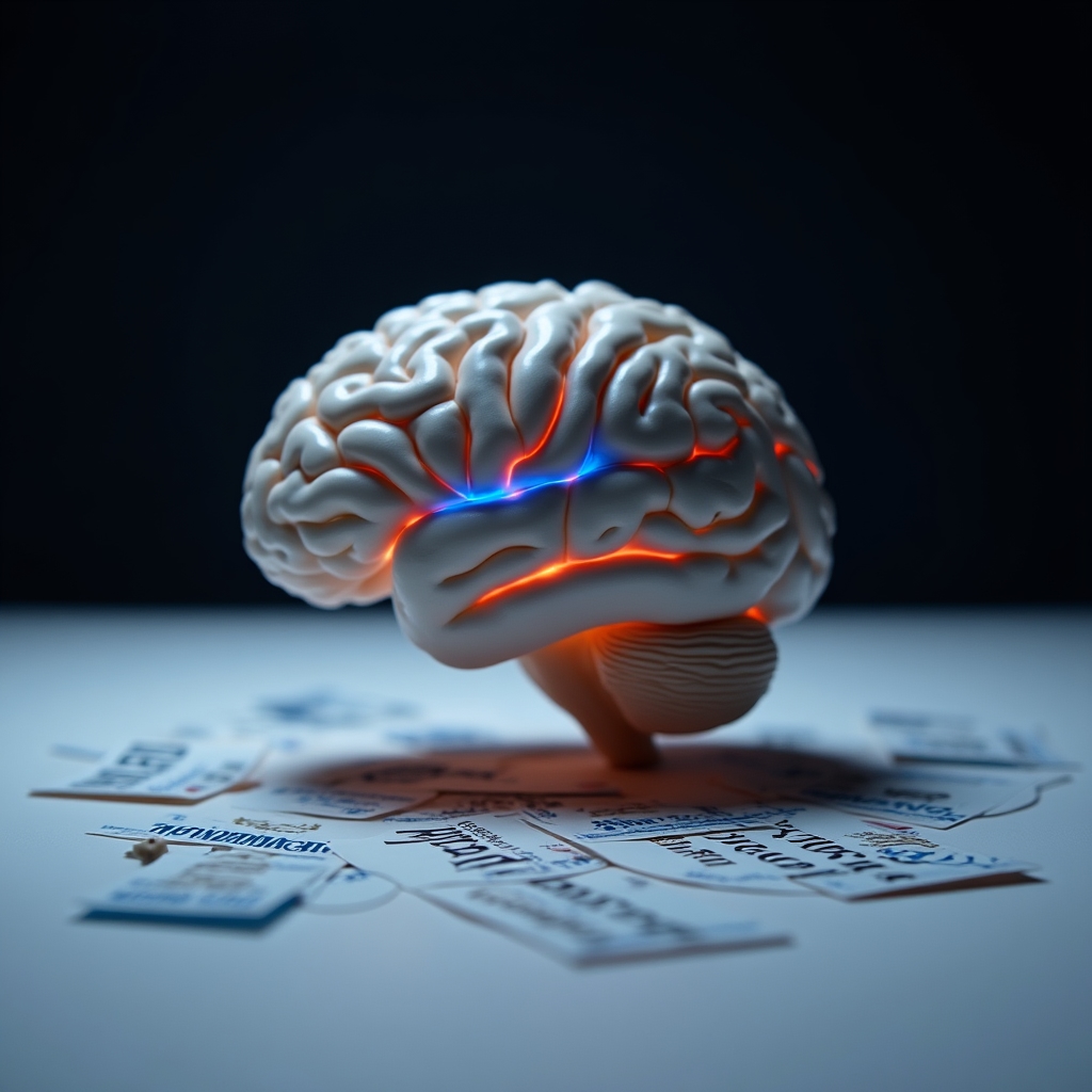 Close-up of human brain model with glowing neural pathways, overlaid with Romanian text suggesting scarcity, dark blue background