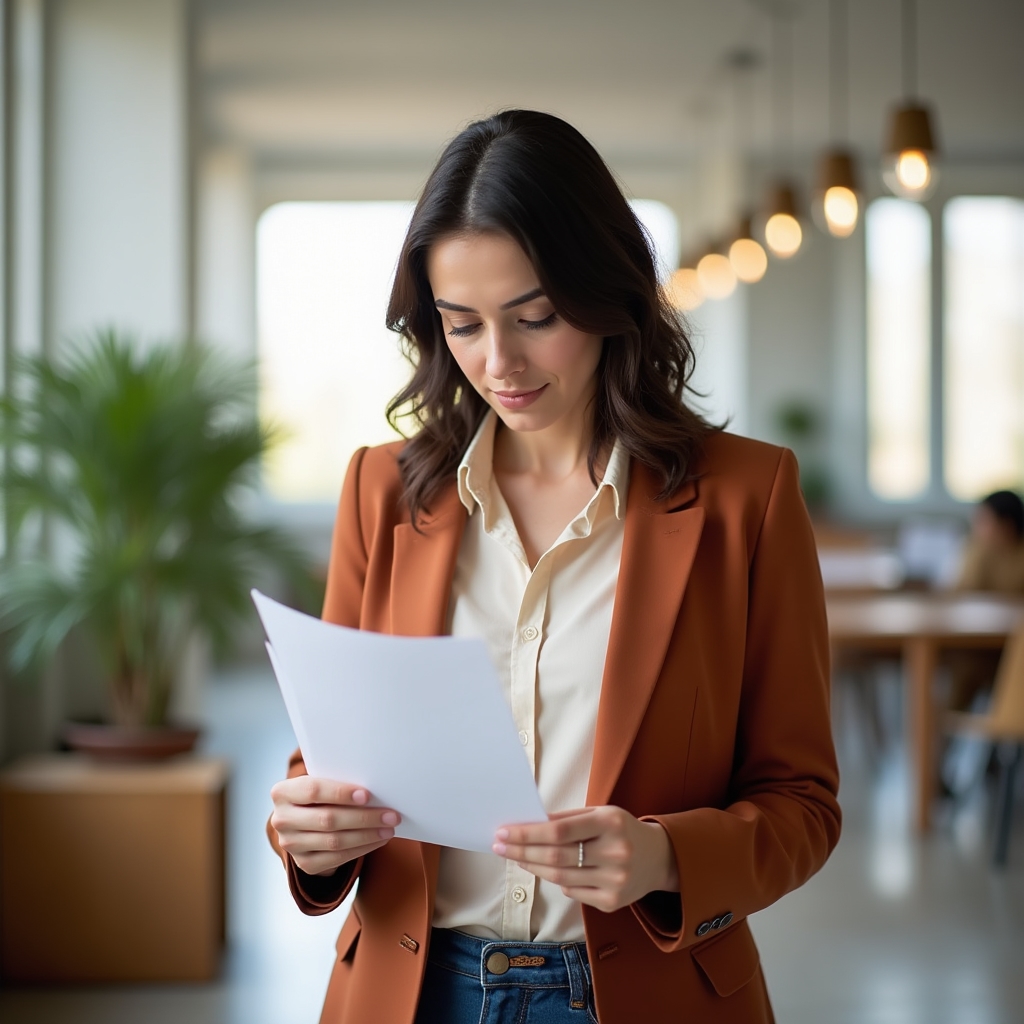 Romanian woman entrepreneur in her thirties reviewing business documents at a modern Bucharest workspace, confident posture, natural light